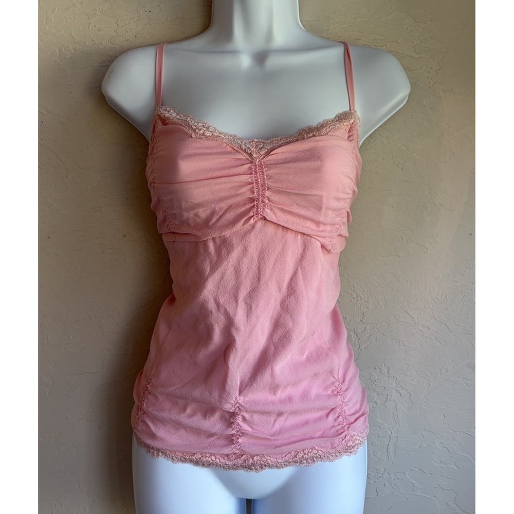 Vintage 90s Y2K Eci Pink Silk Cami Tank 14 Beaded Lace Fairy Coquette Ruched